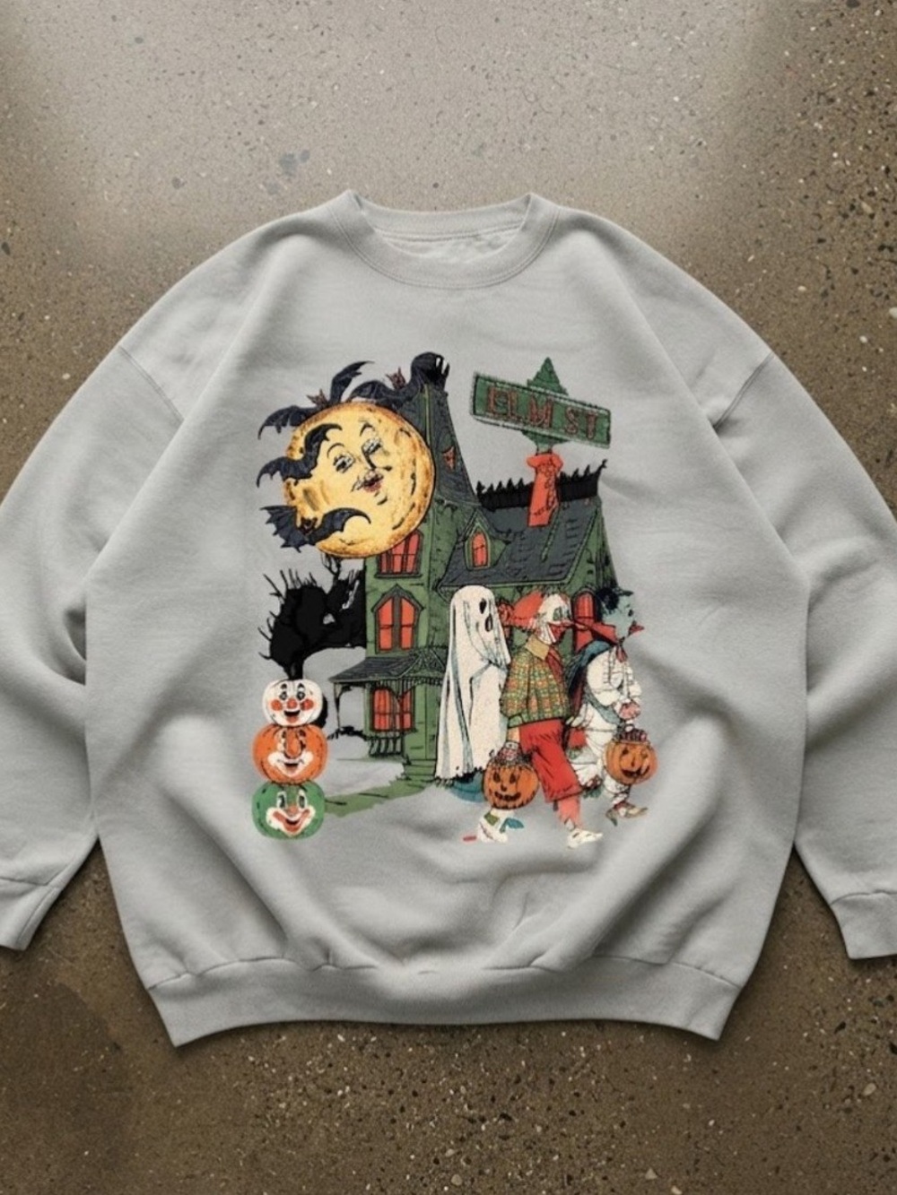 Halloween Spooky House Moon Pumpkin Graphic Cotton Gildan Sweatshirt